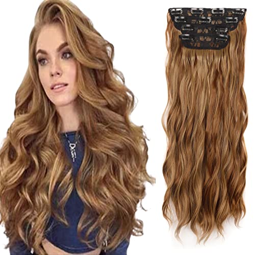 Gairyan Clip in Extensions Wellen Haarverlängerung Gewellte 4 Teiliges Set Haar Clip Extensions Haarteile Lang Synthetische locken Haarextension für Damen, 55cm 180g - Hellbraun & Naturblond von Gairyan