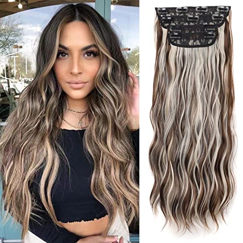 Gairyan Clip in Extensions Wellen Haarverlängerung Gewellte 4 Teiliges Set Haar Clip Extensions Haarteile Lang Synthetische locken Haarextension für Damen, 55cm 180g - Kastanienbraun & Platinblond von Gairyan