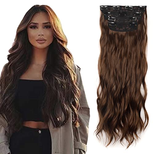 Gairyan Clip in Extensions Wellen Haarverlängerung Gewellte 4 Teiliges Set Haar Clip Extensions Haarteile Lang Synthetische locken Haarextension für Damen, 55cm 180g - Kastanienbraun von Gairyan