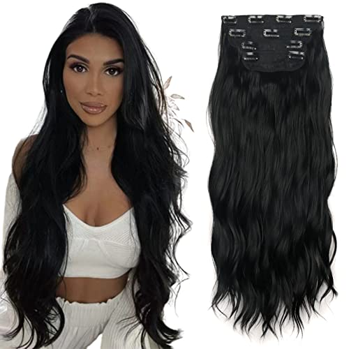 Gairyan Clip in Extensions Wellen Haarverlängerung Gewellte 4 Teiliges Set Haar Clip Extensions Haarteile Lang Synthetische locken Haarextension für Damen, 55cm 180g - Schwarz von Gairyan
