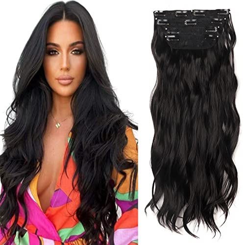 Gairyan Clip in Extensions Wellen Haarverlängerung Gewellte 4 Teiliges Set Haar Clip Extensions Haarteile Lang Synthetische locken Haarextension für Damen, 55cm 180g - Schwarzbraun von Gairyan