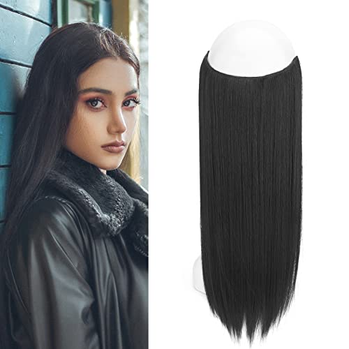 Gairyan Haarteil Extensions Haarverlängerung mit Unsichtbarem Draht 20" Invisible Secret 1 Tresse Haarteil mit Gummiband Kunsthaar mit Geheimfaden Lange Glatte Synthetik Haare für Damen (Schwarz) von Gairyan