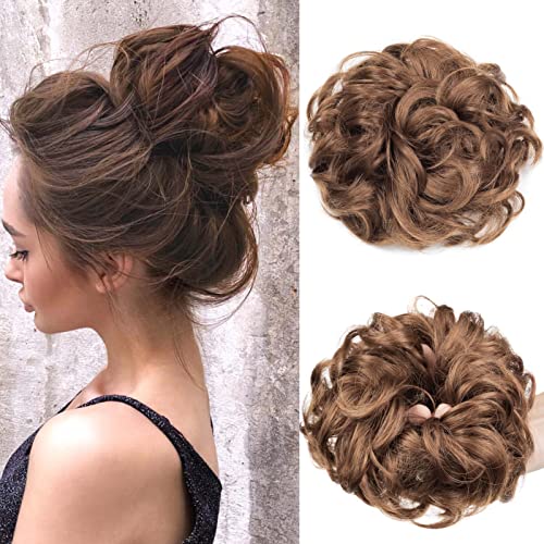 Gairyan Haarteil Mit Gummiband Dutt Haarteil Gelockt Haargummi Mit Haaren Haarverlängerung Synthetisch Pferdeschwanz Haarteile Messy Bun Haardutt Hochsteckfrisuren für Damen Mädchen, Eschenbraun von Gairyan