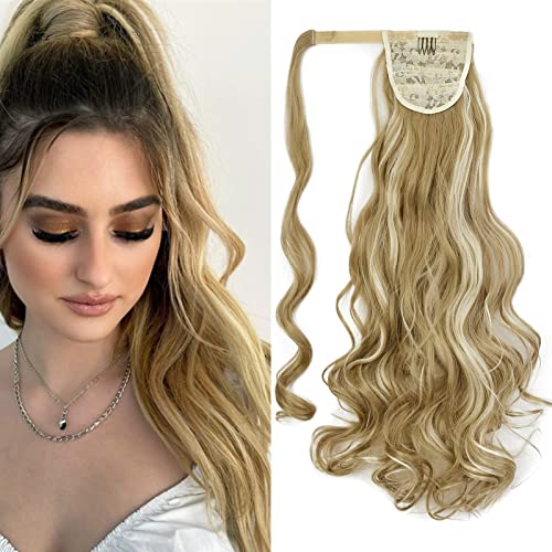 Gairyan Ponytail Extension Gewellt 60cm Gewickelt Haarverlängerung Zopf Pferdeschwanz Haarteil Zopf Extensions Lockig Lang Kunsthaar Zopf Haarteil Synthetik Haare für Frauen (Sandyblond & Bleichblond) von Gairyan