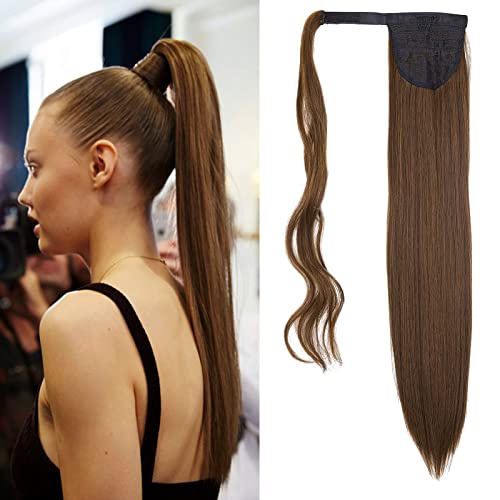 Gairyan Ponytail Extension Glatt 60cm Gewickelt Haarverlängerung Zopf Pferdeschwanz Haarteil Zopf Extensions Gerade Lang Kunsthaar Zopf Haarteil Synthetik Haare Frauen (Mittelbraun & Dunkels Auburn) von Gairyan