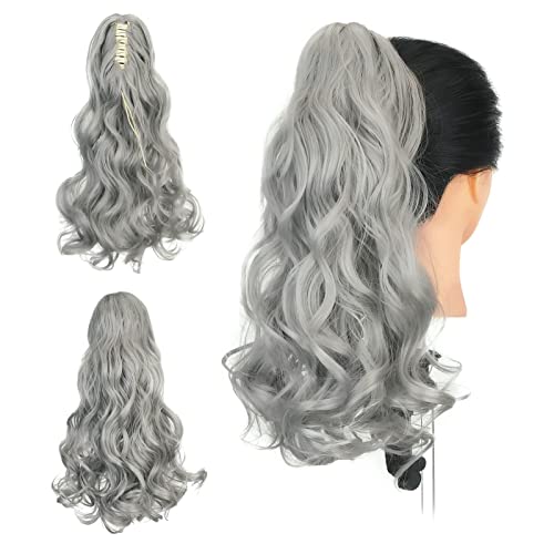 Gairyan Ponytail Extensions 45cm Claw on Pferdeschwanz Haarteil Klammer Clip in Extensions Zopf Lockige Gewellt Lang Haarteil Zopf Synthetik Haar Kunsthaar Haarverlängerung für Frauen (Dunkelgrau) von Gairyan
