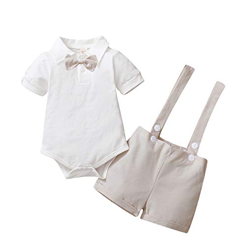 Gajaous Baby Jungen Gentleman Anzüge, Kinder Kurzarm Bowtie Shirt Strampler + Hosenträger Shorts Overalls Festliche Taufe Hochzeit Gentleman Shorts Set 0-24M, A-Beige, 6-12 Monate(Tag 80) von Gajaous