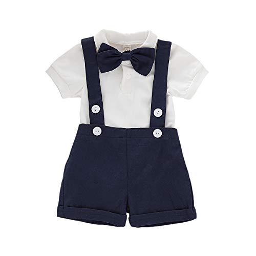 Gajaous Baby Jungen Gentleman Anzüge, Kinder Kurzarm Bowtie Shirt Strampler + Hosenträger Shorts Overalls Festliche Taufe Hochzeit Gentleman Shorts Set 0-24M, A-Dark Blue, 18-24 Monate(Tag 100) von Gajaous