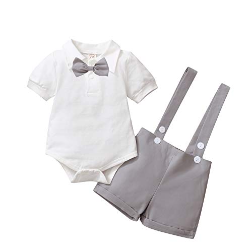 Gajaous Baby Jungen Gentleman Anzüge, Kinder Kurzarm Bowtie Shirt Strampler + Hosenträger Shorts Overalls Festliche Taufe Hochzeit Gentleman Shorts Set 0-24M, A-gray, 12-18 Monate(Tag 90) von Gajaous