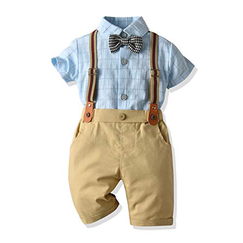 Baby Jungen Gentleman Anzüge, Kinder Kurzarm Bowtie Shirt Strampler + Hosenträger Shorts Overalls Festliche Taufe Hochzeit Gentleman Shorts Set,Tag Size 90,12-18M von Gajaous