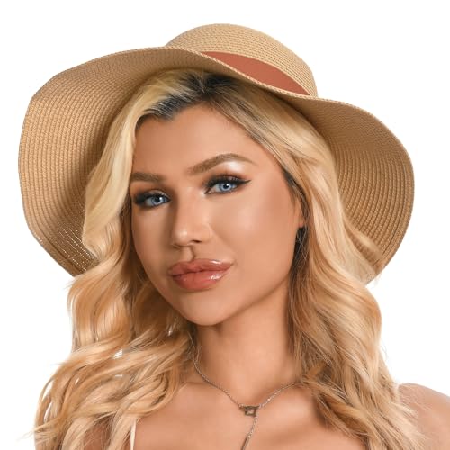 Gajaous Strandstrohhüte für Frauen Sommer Strand UV-Hut Faltbarer breiter Rand Strohhut,Leichter Faltbarer Sommerreise Strohhut von Gajaous