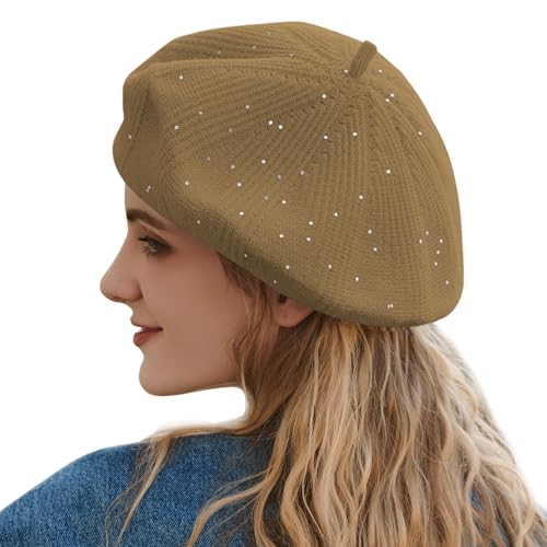 Gajaous Strickbarett für Damen, französisches Barett mit kleinen Glitzer-Pailletten, stilvolles einfarbiges Barett für Frauen von Gajaous