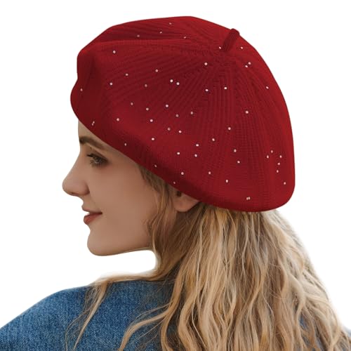 Gajaous Strickbarett für Damen, französisches Barett mit kleinen Glitzer-Pailletten, stilvolles einfarbiges Barett für Frauen von Gajaous