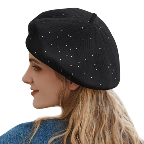 Gajaous Strickbarett für Damen, französisches Barett mit kleinen Glitzer-Pailletten, stilvolles einfarbiges Barett für Frauen von Gajaous