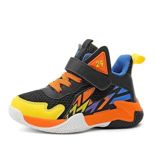 Gakricrey Kinder Basketballschuhe Jungen Basketball-Schuh Trainer Kinder-Sportschuhe Laufschuhe mit Klettverschluss 989 Schwarzorange EU 39 von Gakricrey