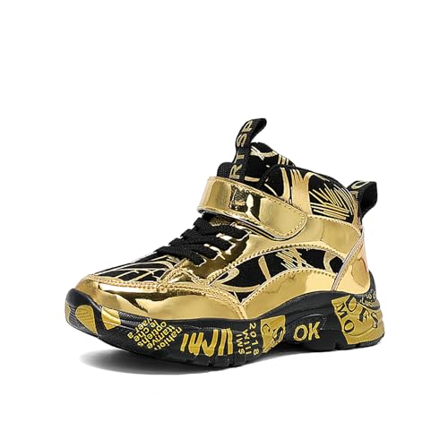 Gakricrey Kinder Basketballschuhe Jungen Basketball-Schuh Trainer Kinder-Sportschuhe Laufschuhe mit Klettverschluss P855 Gold EU 38 von Gakricrey