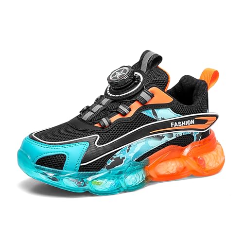 Gakricrey Kinderschuhe Laufschuhe Jungen Mädchen Kinder Turnschuhe Leicht Mode Atmungsaktiv Mesh Sneakers Sportschuh mit Drehknopfe 1802 schwarzorange EU 34 von Gakricrey