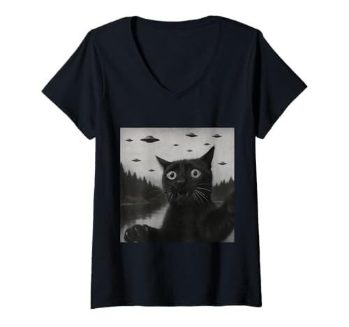 Damen UFO-Katzen-Selfie Lustiges Alien-Raumschiff Schwarze Katze T-Shirt mit V-Ausschnitt von Galactic Cat Collective