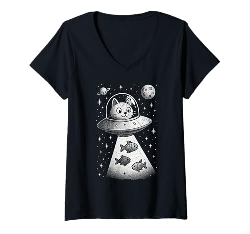 Damen Lustige Katze UFO Entführung Süße Katze im Weltraum T-Shirt mit V-Ausschnitt Damen Lustige Katze UFO Entführung Süße Katze im Weltraum T-Shirt mit V-Ausschnitt von Galactic Cats Beaming Up Fish