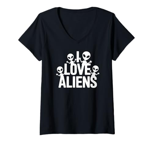 Damen Ich Liebe Aliens Fun Enthusiast Space Design T-Shirt mit V-Ausschnitt von Galactic Enthusiast Extraterrestrial Lovers