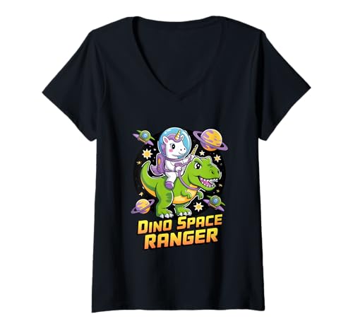 Damen Dino Space Ranger - Einhorn Astronaut Reiten T Rex Dinosaurier T-Shirt mit V-Ausschnitt Damen Dino Space Ranger - Einhorn Astronaut Reiten T Rex Dinosaurier T-Shirt mit V-Ausschnitt von Galactic Fun Co