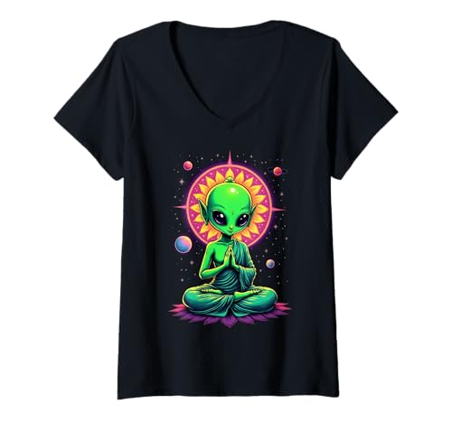 Damen Alien-Meditation Cosmic Vibes Yoga T-Shirt mit V-Ausschnitt von Galactic Meditation and Cosmic Vibes Design