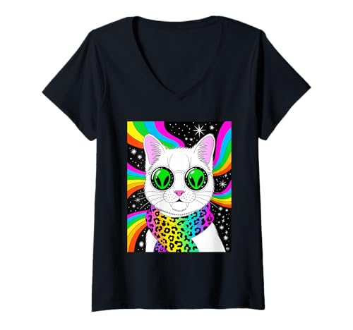 Damen Alien Cat Rainbow Trippy Art lustig T-Shirt mit V-Ausschnitt Damen Alien Cat Rainbow Trippy Art lustig T-Shirt mit V-Ausschnitt von Galactic Meow Designs