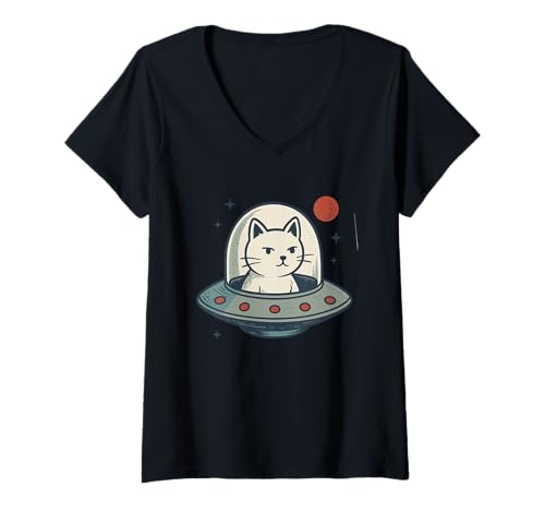 Damen UFO-Katzen-Weltraumabenteuer T-Shirt mit V-Ausschnitt Damen UFO-Katzen-Weltraumabenteuer T-Shirt mit V-Ausschnitt von Galactic Neko Co.