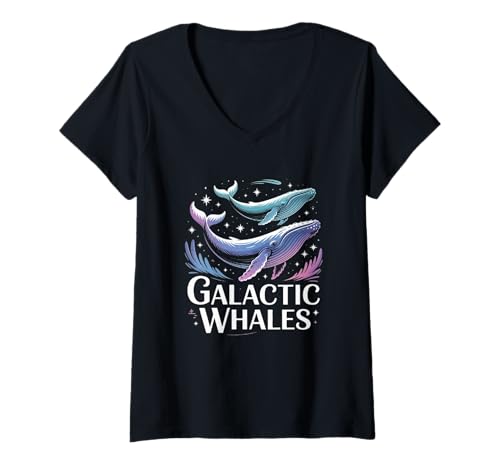 Damen Kosmischer Wal, Himmelsgalaxie, Fantasie-Tiermotiv T-Shirt mit V-Ausschnitt Damen Kosmischer Wal, Himmelsgalaxie, Fantasie-Tiermotiv T-Shirt mit V-Ausschnitt von Galactic Ocean Artwork Co.