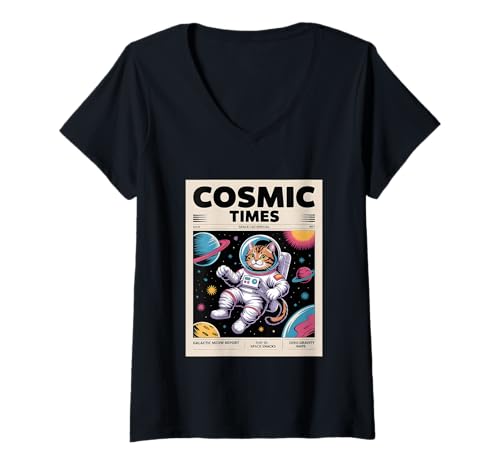 Damen Cosmic Times – Space Cat Special Retro Magazine SciFi Cat T-Shirt mit V-Ausschnitt Damen Cosmic Times – Space Cat Special Retro Magazine SciFi Cat T-Shirt mit V-Ausschnitt von Galactic Vibes Apparel Space Cats & Retro Designs