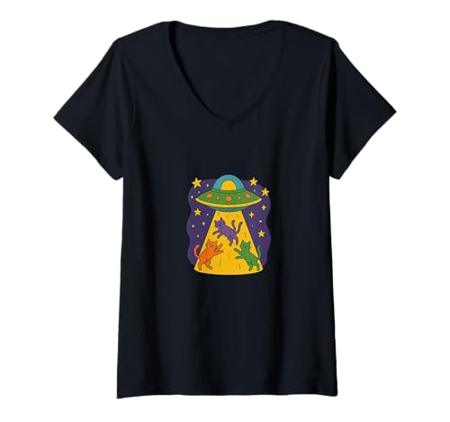 Damen Lustiges UFO Beaming Up Cats Space Alien Themed Design T-Shirt mit V-Ausschnitt Damen Lustiges UFO Beaming Up Cats Space Alien Themed Design T-Shirt mit V-Ausschnitt von Galactic Whisker Beam Emporium
