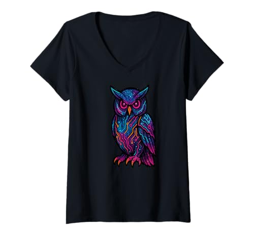 Damen Cyber-Eule mit Schaltungsmustern Galaxie-Hintergrund T-Shirt mit V-Ausschnitt Damen Cyber-Eule mit Schaltungsmustern Galaxie-Hintergrund T-Shirt mit V-Ausschnitt von Galactic Wisdom Wear