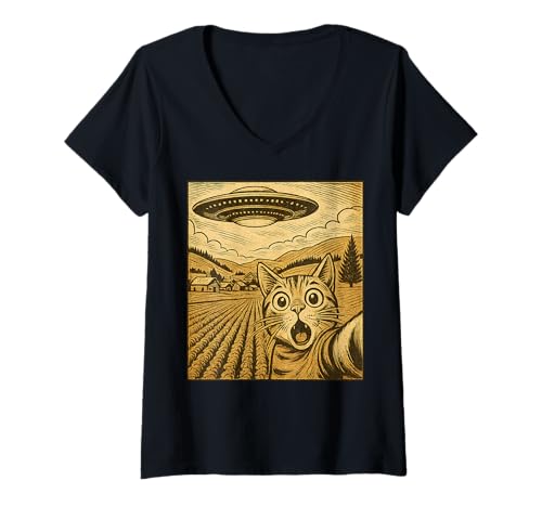 Damen Katze mit UFO – Lustiges Retro Katzenmotiv für Alien Fans T-Shirt mit V-Ausschnitt Damen Katze mit UFO – Lustiges Retro Katzenmotiv für Alien Fans T-Shirt mit V-Ausschnitt von Galaktische Katzenkunst