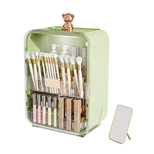 Galatée Rosa Bär Tragbare Make Up Organizer Kosmetikbox Kosmetische Aufbewahrungs Box Mit Staubdichtem Deckel, Beauty Organizer Lippenstiftbox Mit LED-Licht - Grün von Galatée