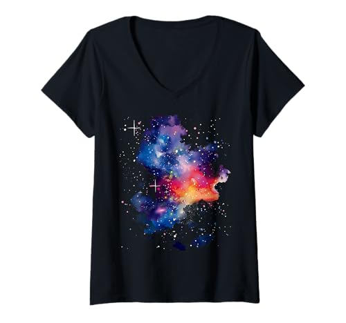 Damen Galaxie Aquarell T-Shirt mit V-Ausschnitt von Galaxie Aquarell Geschenk Kleidung