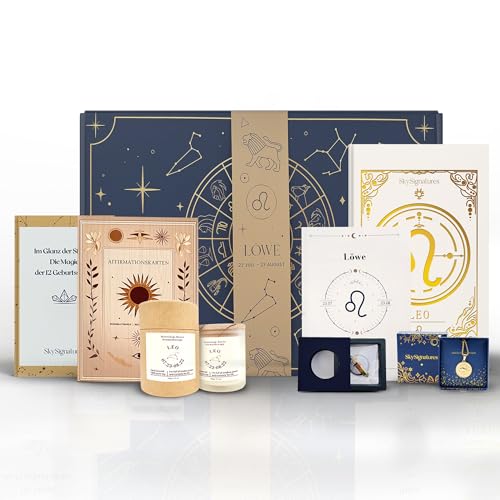 Galaxieregister Löwe Sternzeichen Geschenkset– Luxuriöse Astrologie-Box mit Duftkerze, Journal, Geburtsstein-Anhänger, Affirmationskarten & Sternzeichen-Kette - Mediation, Selbsterkenntnis, Frauen von Galaxieregister