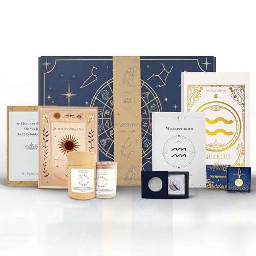 Galaxieregister Wassermann Sternzeichen Geschenkset– Luxuriöse Astrologie-Box mit Duftkerze, Journal, Geburtsstein-Anhänger, Affirmationskarten & Sternzeichen-Kette - Mediation, Geschenk für Frauen von Galaxieregister