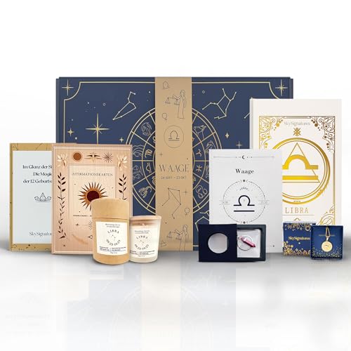 Waage Sternzeichen Geschenkset–Luxuriöse Astrologie-Box mit Duftkerze, Journal, Geburtsstein-Anhänger, Affirmationskarten & Sternzeichen-Kette -Mediation, Selbsterkenntnis, Ritual, Geschenk für Frauen von Galaxieregister