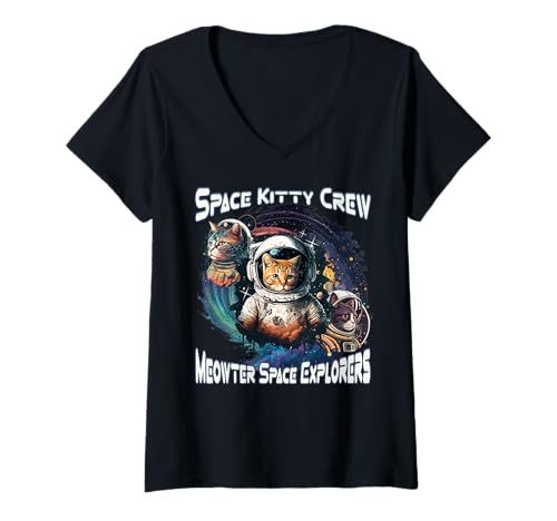 Damen Space Kitty Crew Meowter Space Explorers Süßes kosmisches Kätzchen T-Shirt mit V-Ausschnitt von Galaxy Cat Kids Aesthetic Kitty In Space Merch