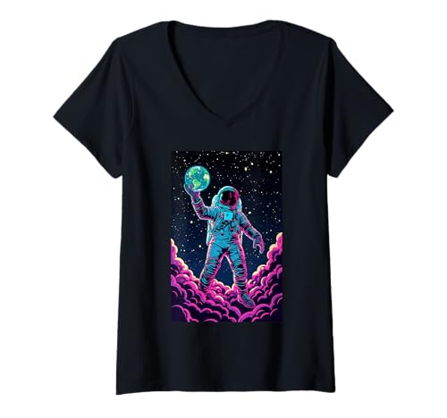 Damen Universe Explorer Astronaut hält Erde Rakete Erde T-Shirt mit V-Ausschnitt von Galaxy Dreamer Earthbound Astronaut Planet Space