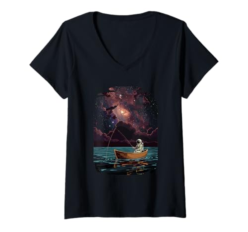 Damen Astronaut Angeln Kosmischer See Nebel Einzigartiges Weltraum Hobby T-Shirt mit V-Ausschnitt Damen Astronaut Angeln Kosmischer See Nebel Einzigartiges Weltraum Hobby T-Shirt mit V-Ausschnitt von Galaxy Fisher Astronaut Deep Space Explorer Stars