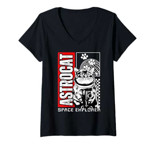 Damen Astrocat, Weltraumkatze, Astronautenkatze, humorvolle Katze, Katze T-Shirt mit V-Ausschnitt Damen Astrocat, Weltraumkatze, Astronautenkatze, humorvolle Katze, Katze T-Shirt mit V-Ausschnitt von Galaxy Pet Lovers