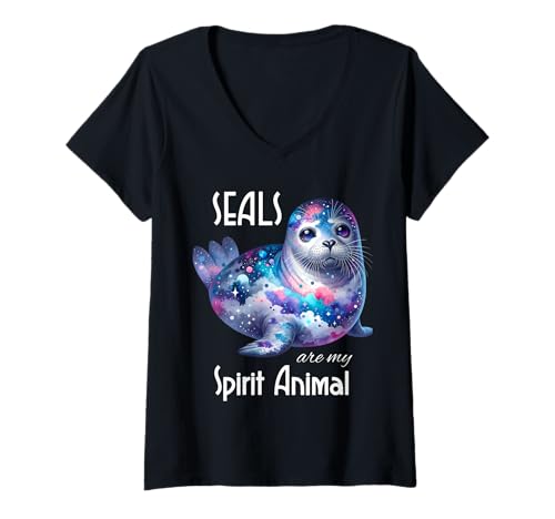 Damen Galaxy Seal Mystisches Siegel für Sealife-Liebhaber mit Nachthimmel T-Shirt mit V-Ausschnitt von Galaxy Seal Mystical Seal for Sealife Lover