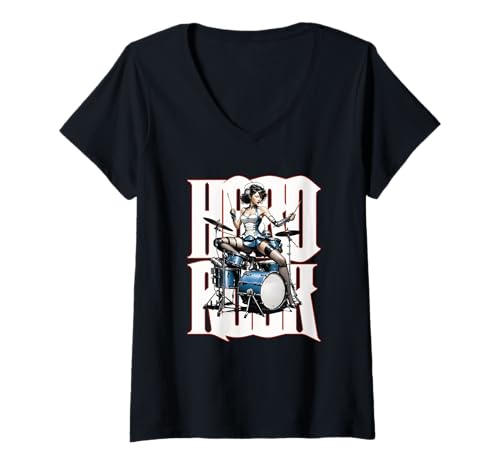Damen Hard Rock Drummer T-Shirt mit V-Ausschnitt Damen Hard Rock Drummer T-Shirt mit V-Ausschnitt von Galdur