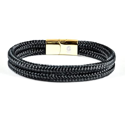 Segeltau Armband Geflochten Nautisch mit Magnetverschluss Seil Armbänder Maritim Surferarmband Galeara Noa (Noa Premio Schwarz - Gold, 175) von Galeara design