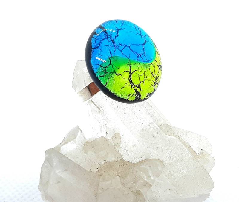 Fingerring Muranoglas Schmuck Verstellbare Schiene 925 Silber Blattsilber Vom Glasbläser Geschenk Für Dame Statement Ring in Peridot Aqua von GalerieGlaswerk