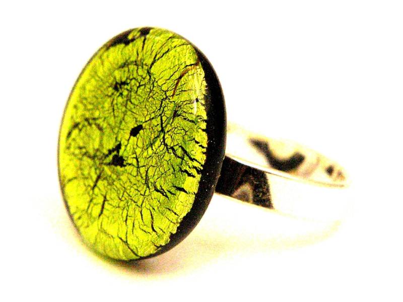 Fingerring Muranoglas Schmuck Verstellbare Schiene 925 Silber Blattsilber Vom Glasbläser Geschenk Für Dame Statement Ring in Peridot von GalerieGlaswerk