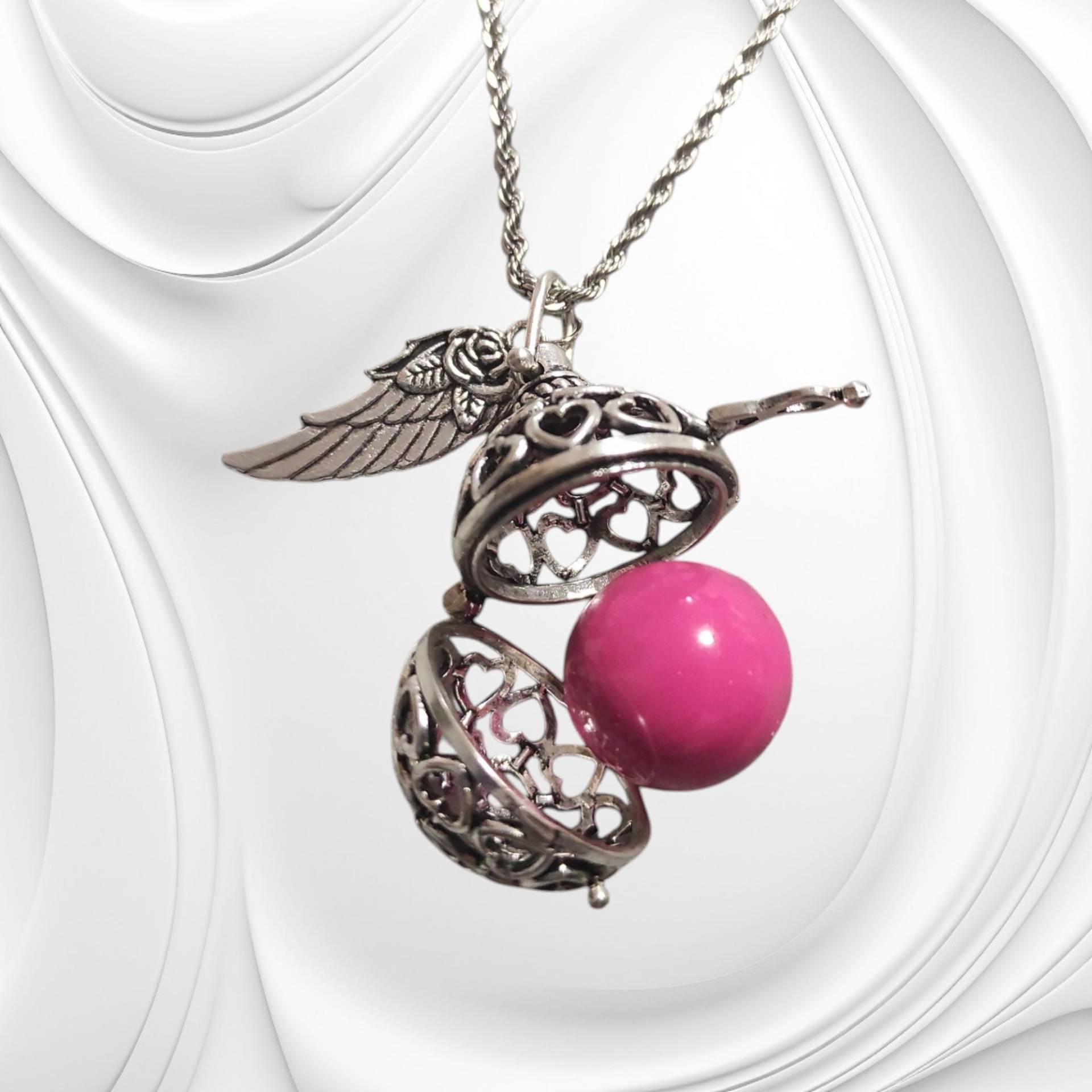 Engelsklingel Klangkugel Kette - Engelsrufer Mit Flügel Antik Silber Gold/Silber/Pink Spiritueller Glücksbringer von Galerieofart4you