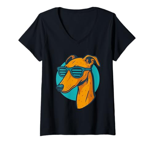 Damen Galgo Illustration mit Sonnenbrille T-Shirt mit V-Ausschnitt Damen Galgo Illustration mit Sonnenbrille T-Shirt mit V-Ausschnitt von Galgo Fans