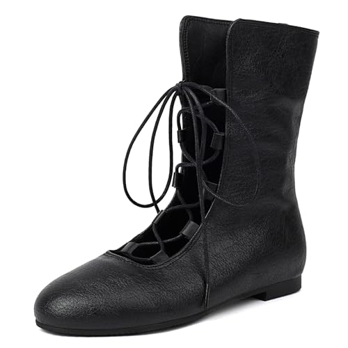 Damen Jahrgang Flachs Kurze Stiefel Schnüren COS Medieval Herren Faux Leder Gotisch Schuhe Witch Costume Pirate Viking Tied Schuhe Renaissance Flach Victorian Stiefel Black Size 35 von Galindopia